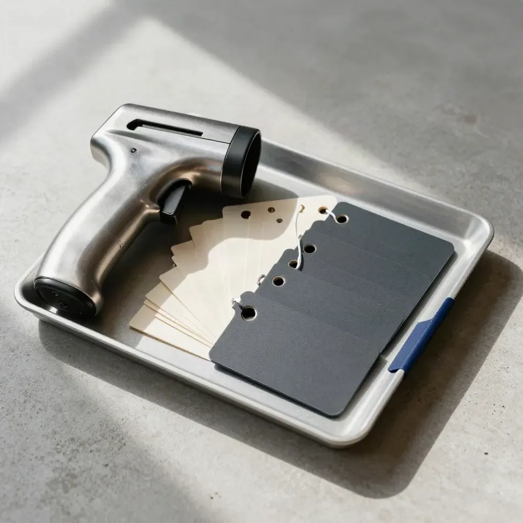 Retail tag gun, anti-theft tags, hang tags and tray on pale concrete under soft daylight.