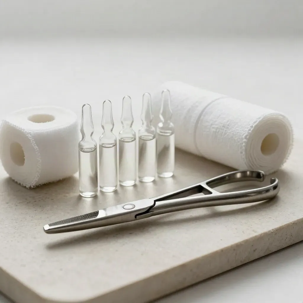 Clinical supplies cluster with forceps, ampoules, gauze rolls and a tray divider on stone