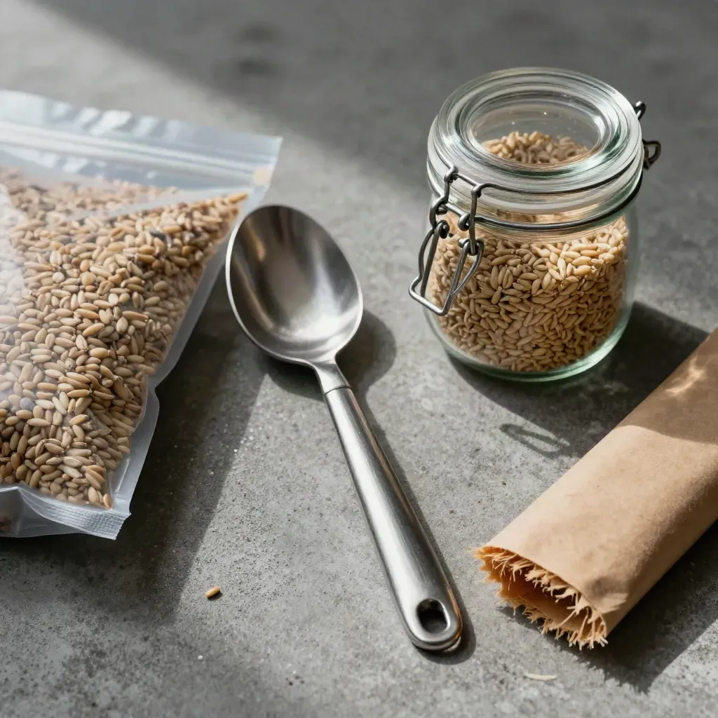 Cold-chain food kit with scoop, grain pouch, clip-top jar and kraft wrap on concrete.