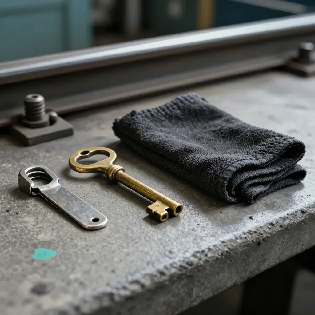 Rail maintenance tools on a concrete bench with brass key, steel clip, bolt and dark cloth.
