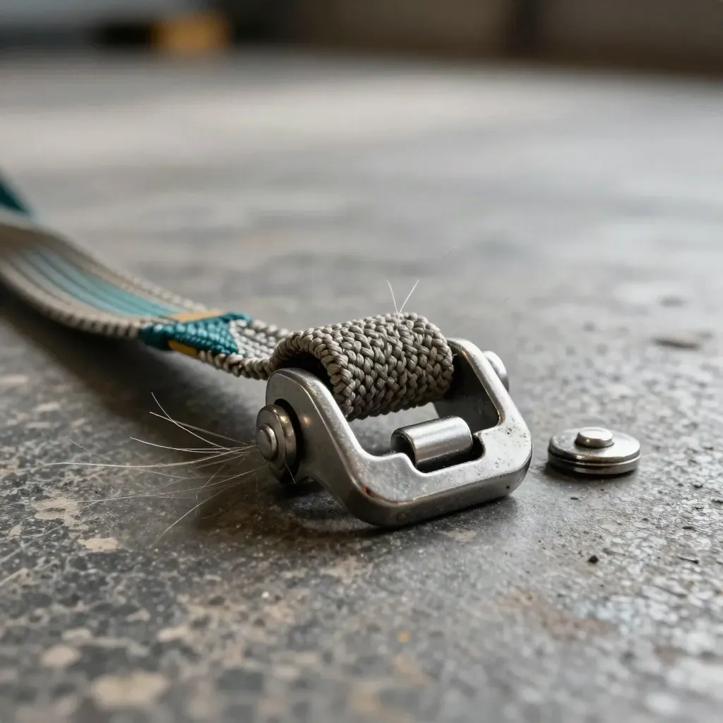 Macro freight lashing buckle, woven strap loop, pallet protector and metal seal on stone