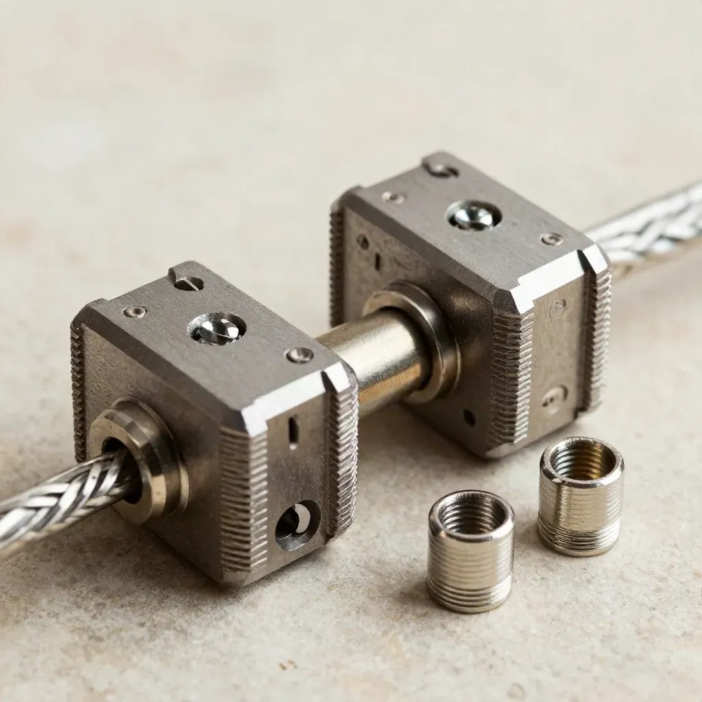 Macro of two graphite cable junction blocks linked by a braided lead with ferrule caps on stone.