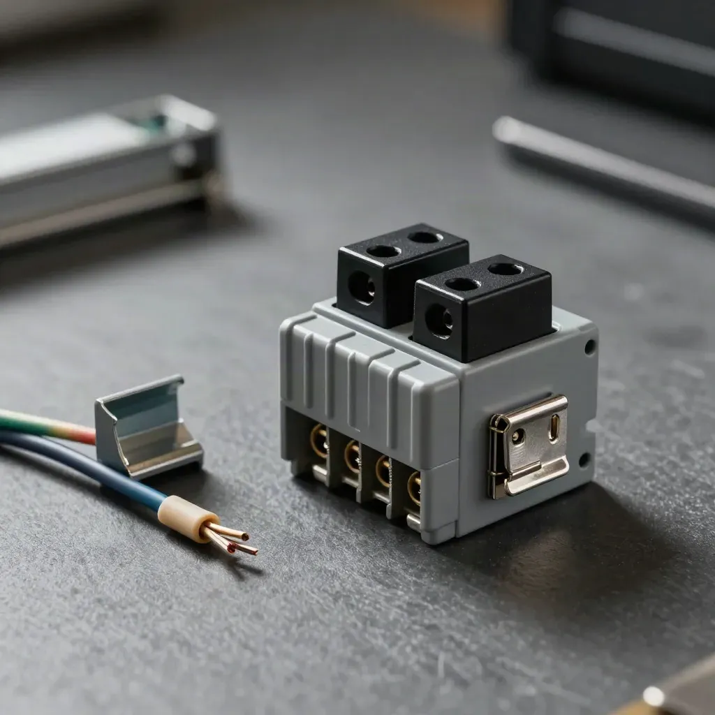 DIN-rail relay module with terminal blocks, latch, rail offcut and control wires on a graphite workbench