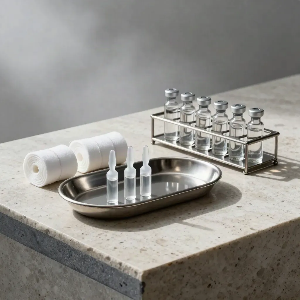 Clinical tray, ampoules, cotton rolls and vial rack on pale stone under dramatic light.