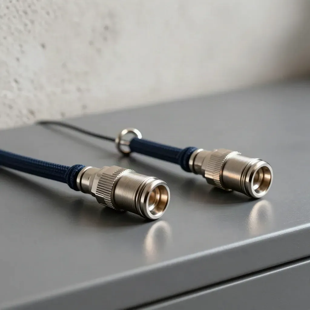 Brushed metal couplers linked by a short patch lead, diagonal macro on graphite.