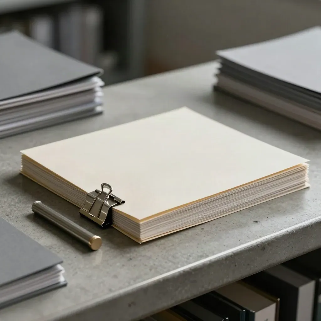 Clipped report packet with paperweight and sealing bar on a concrete archive bench.