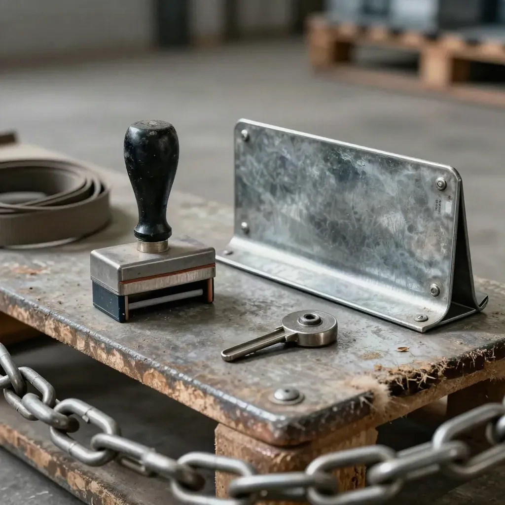 Warehouse handoff kit with stamp, strap buckle, bin divider and tally token seen through a chain