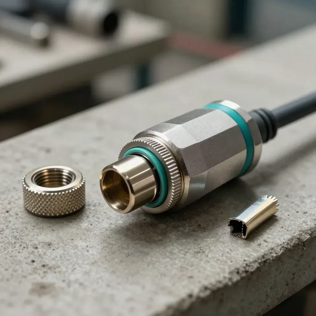 Macro of a connector block with a plugged-in connector and two loose collars on concrete.