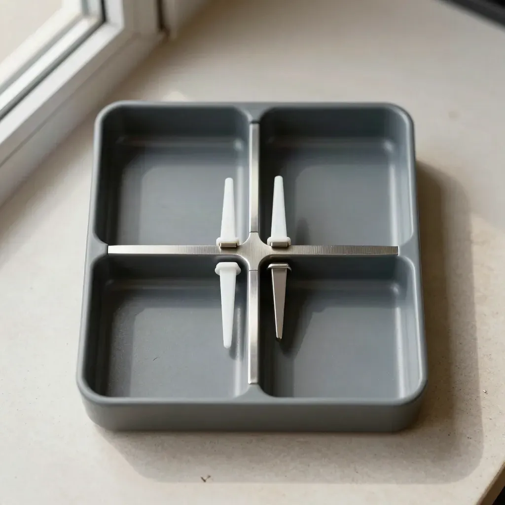 Top-down parts tray with steel tabs and clip markers on pale stone.