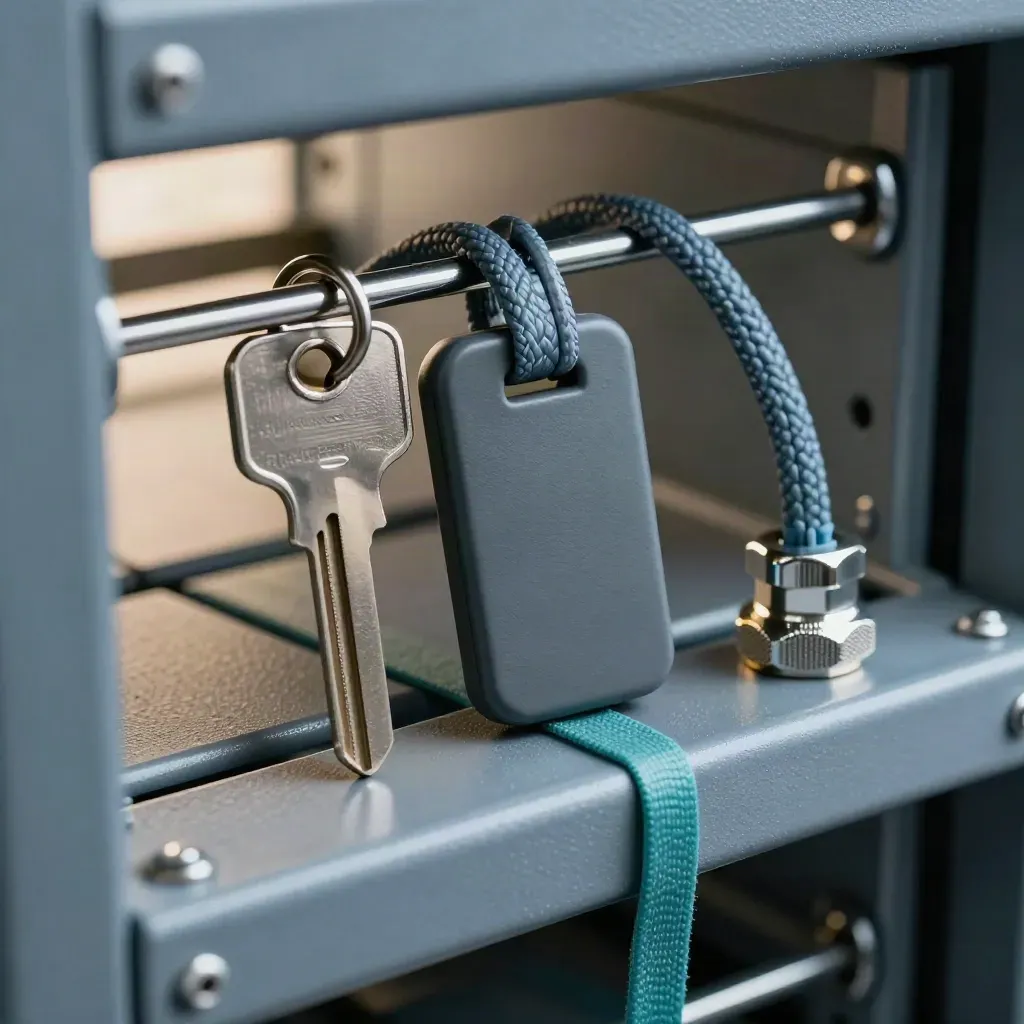 Macro server-room key, token fob, patch lead and rack tool on steel rail with teal accent.