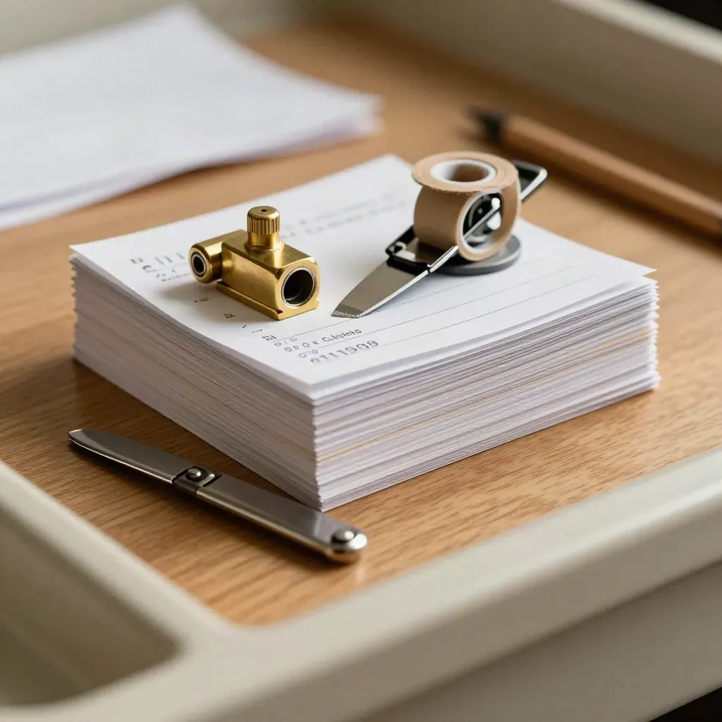 Brass paperweights, receipt spool, envelope opener and tally counter on warm oak.
