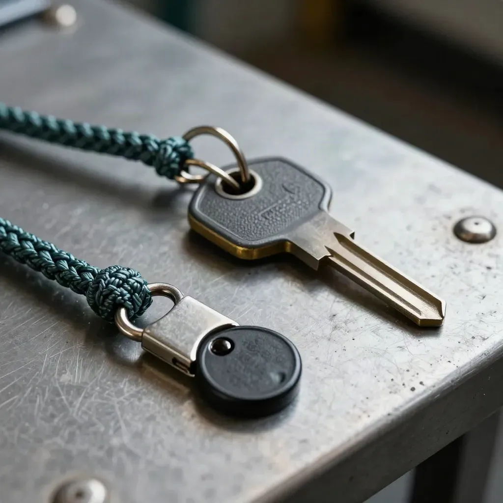 Cabinet key, patch lead, token fob and steel coupler on a dark workbench.