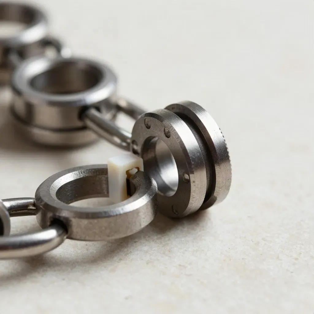 Macro of linked metal rings and couplings with a small white modular block on pale stone.