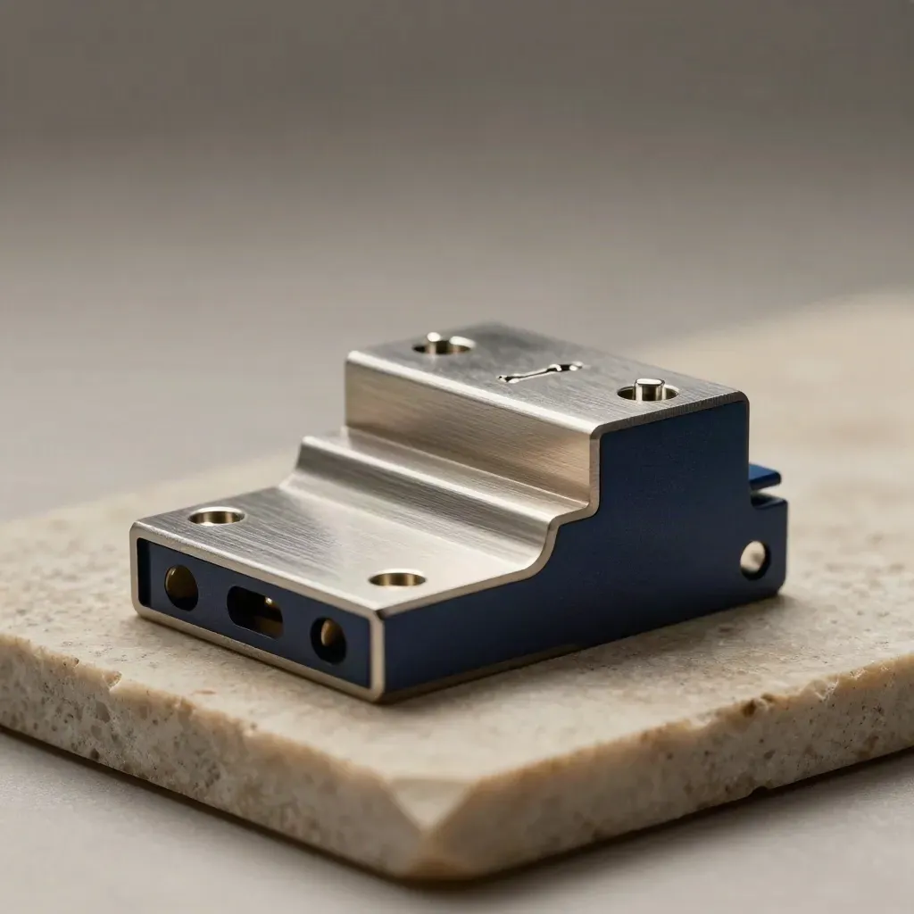 Aluminium integration blocks with bridge connector and pins on warm stone, lit dramatically.