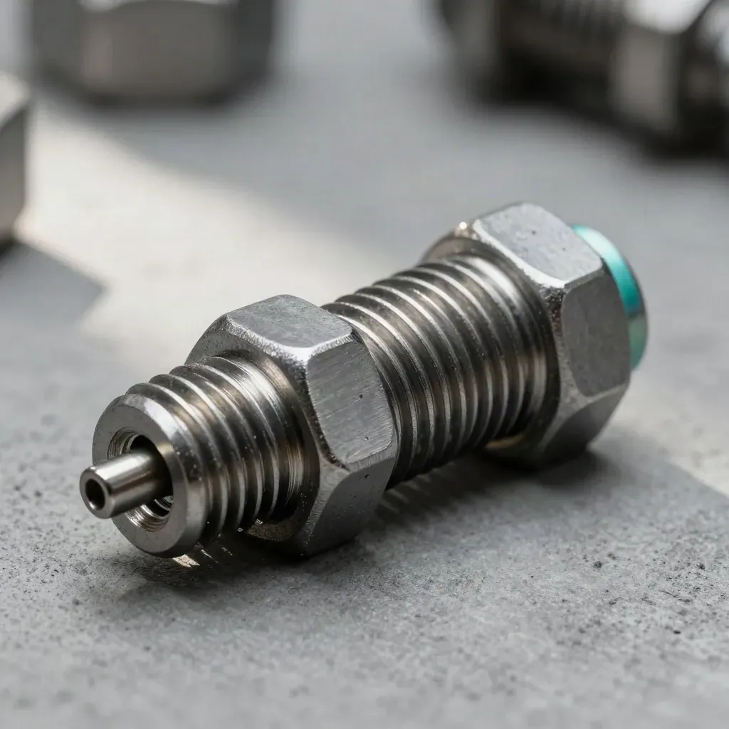 Macro of threaded sleeves, coupling nuts and connector pins on cool concrete-grey surface.