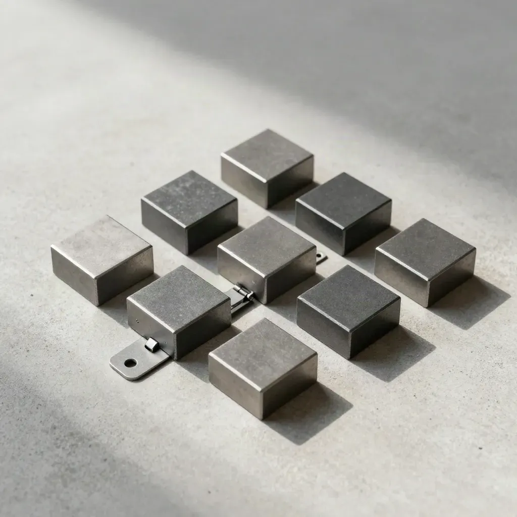 Top-down still life of modular metal blocks, a latch connector and anchor plate on concrete