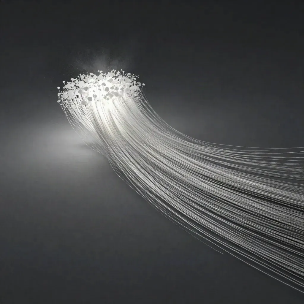Silver filaments converge into a white bloom in dark graphite space.